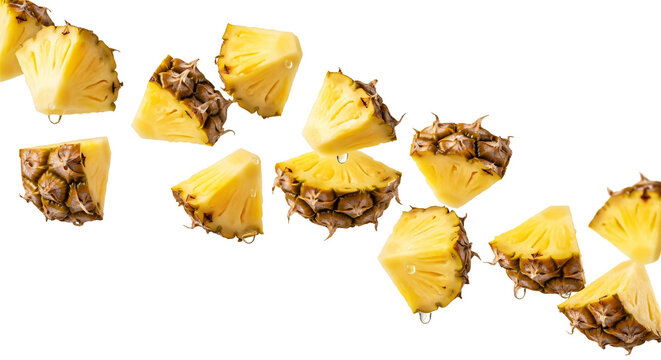 Fresh pineapple chunks and pieces falling dynamically with juice droplets, isolated on transparent background for healthy eating concepts isolated on transparent background