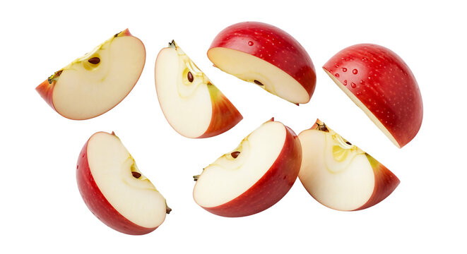 Fresh red apple slices with water droplets, isolated on transparent background. healthy food ingredients for recipes. isolated on transparent background