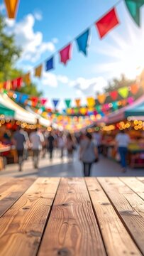 Empty wooden table with blurred festive market background.