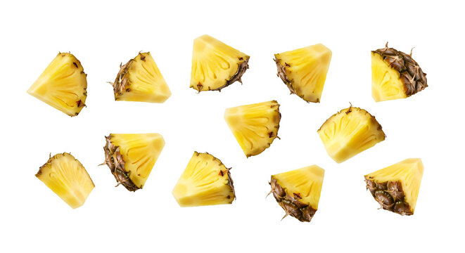 Multiple fresh pineapple chunks and slices scattered, isolated on transparent background, showcasing healthy tropical fruit isolated on transparent background