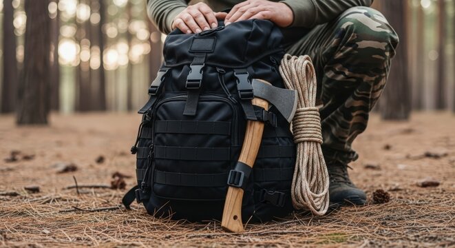 Man with backpack and axe in forest