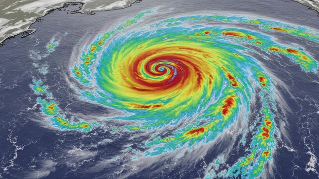 Hurricane viewed from space, swirling clouds, intense storm system, weather radar
