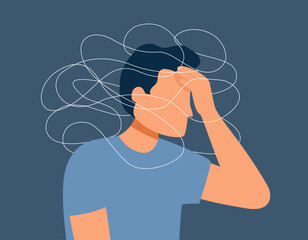 Fototapeta premium Depressed man with hand on head feeling exhausted and having a breakdown with brain fog, migraine and mental health issues and problems vector illustration