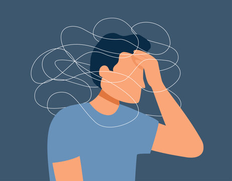 Depressed man with hand on head feeling exhausted and having a breakdown with brain fog, migraine and mental health issues and problems vector illustration