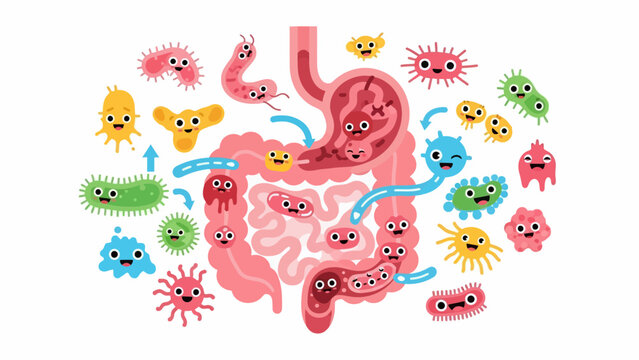 Colorful Cartoon Illustration of Human Digestive System with Microbes.