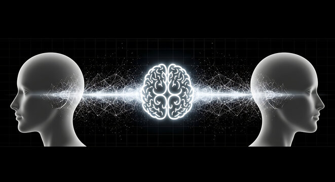 Illustration of Human Heads Connected by Brain Network - Telepathy, Mind Link, Communication. Isolated on transparent background