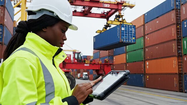 Woman in high vis jacket using tablet at container port