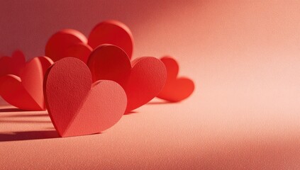 Close-up of folded red paper hearts casting shadows on a soft, monochromatic background