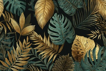 Gold and teal tropical leaves on a dark backdrop create a lush and elegant pattern