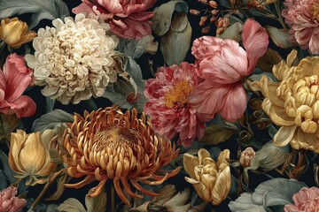 Elegant floral pattern showcasing lush blooms in various colors against a dark background