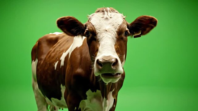 A Brown and White Cow Standing on a Green Screen Background