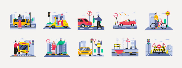 Set of 10 traffic illustrations packs. Flat vector concepts.