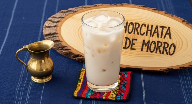 Authentic Horchata de Morro Refreshing Creamy Drink with Ice and Ceiba Wood Sign on Indigo Mat