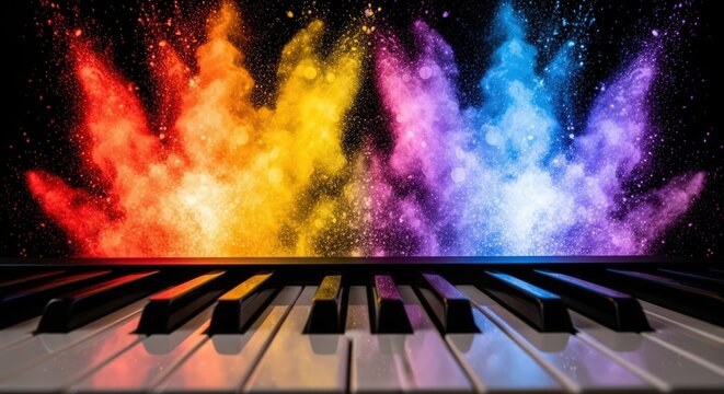 Colorful abstract explosion above piano keys colors