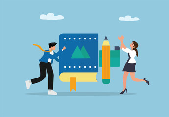 Fototapeta premium Educational Collaboration Concept with People Running toward Book and Pencil Symbolizing Learning and Creativity,