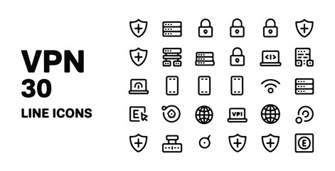 Set of thirty modern vpn icons illustrating digital security and network services