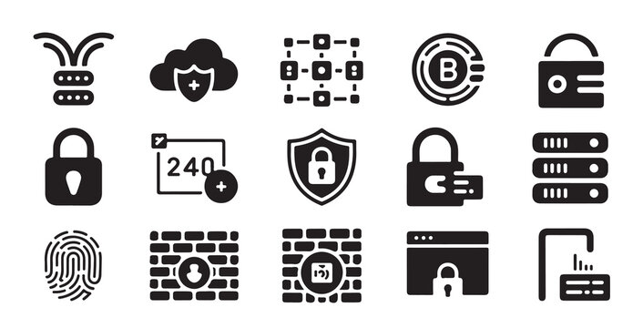 Cyber security and blockchain technology vector icon set, data protection and digital assets