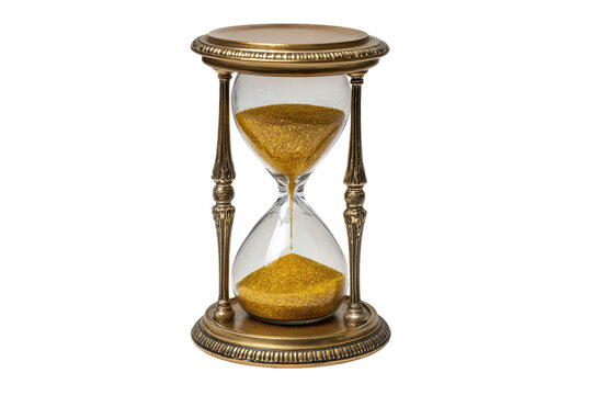 Antique brass hourglass with shimmering gold sand flowing on black background time, Png, Isolated on Transparent Background, Cut Out