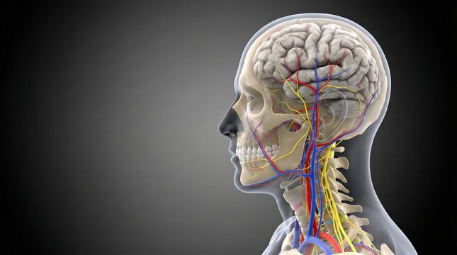 Anatomical illustration showcasing the intricate vascular and nervous systems within the human head and neck.
