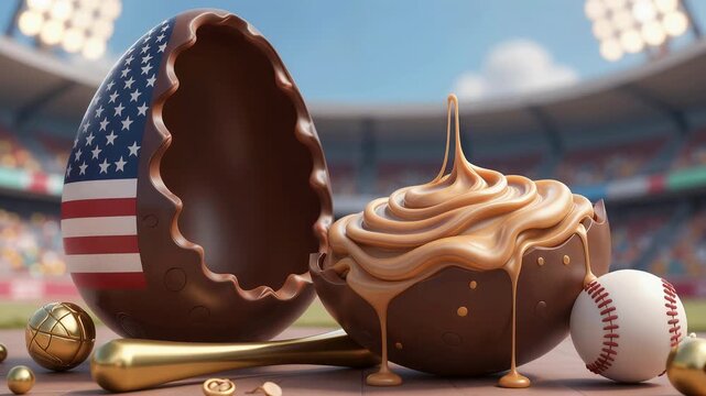a broken chocolate egg with an American flag design, filled with swirled caramel, next to a baseball, golden baseball bat, and a small globe.