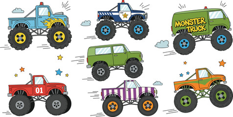 Cartoon-style monster trucks in motion with colorful designs, exaggerated wheels, and playful speed effects, perfect for children’s entertainment, toys, and automotive themes. © Rasidul
