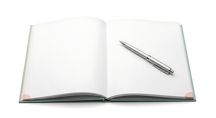 Naklejka premium Open blank notebook with a silver pen on white background.