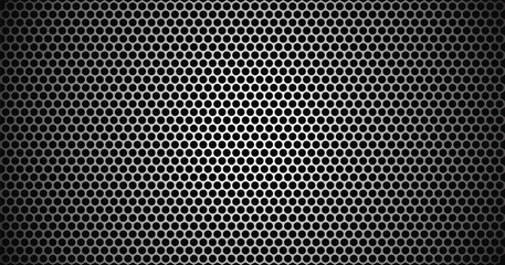 Industrial silver chrome hexagon mesh pattern on dark metal surface for high tech automotive engineering backdrop