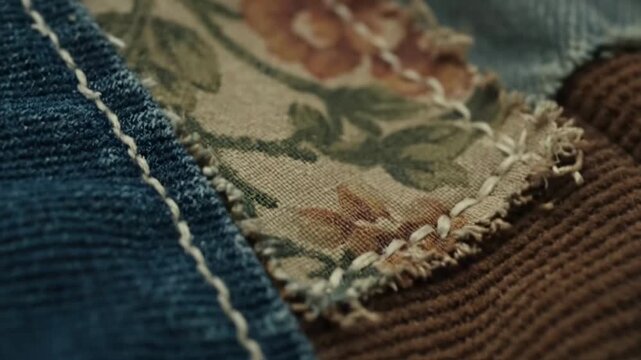 Assorted fabric textures with floral pattern and frayed edges.