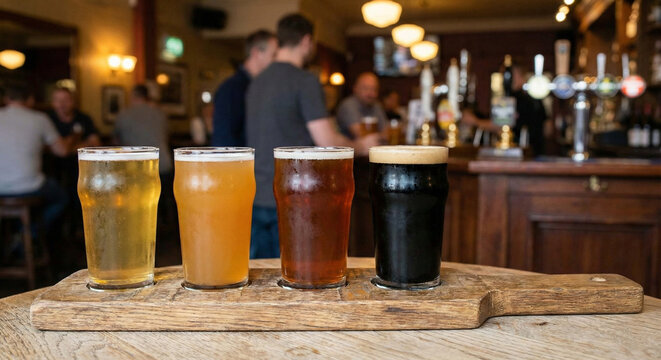 Degustaci&oacute;n de cuatro vasos peque&ntilde;os de diferentes cervezas artesanales en una paleta de madera.
