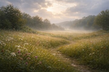 Obraz premium Soft sunrise over misty meadow path