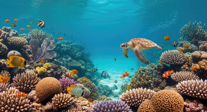 A vibrant underwater scene with a turtle, fish, and coral reefs.