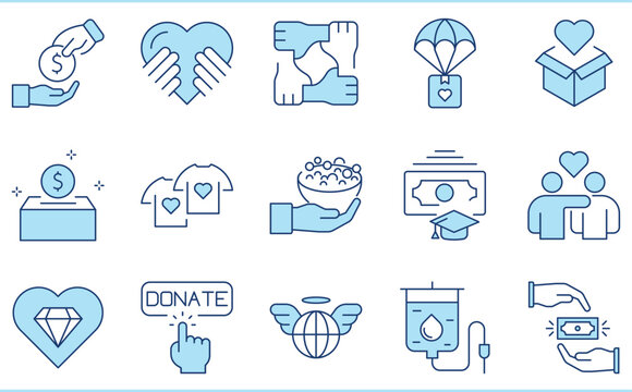 A set of flat icons related to Donation. Donate, give, charity, help, education, food, clothes, money, empathy, and so on.