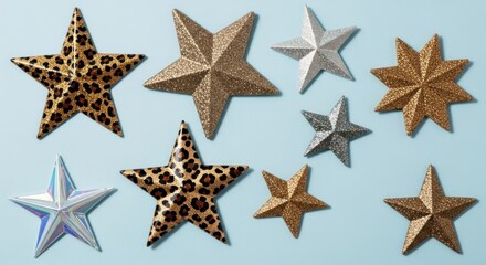 Obraz premium Collection of decorative stars in various patterns and textures on a blue background.