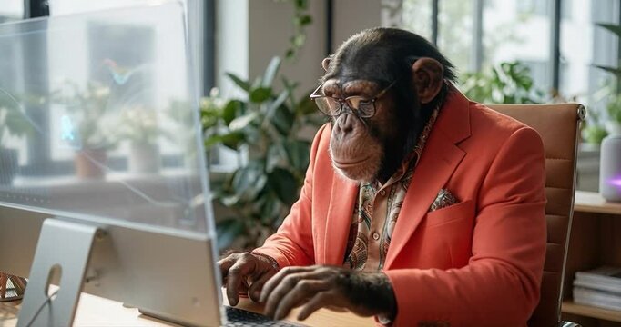 Primate in professional attire working on computer at desk