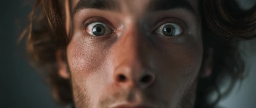 Close-up Portrait of a Surprised Young Man with Wide Eyes and Open Mouth. Perfect for concepts related to breaking news, unexpected results, astonishment, and viral reactions.