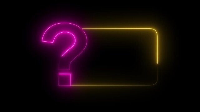 Question mark neon sign light on black background. Quiz trivia game competition. question mark frame for quizzes and FAQs. Game announcement neon message. Answer question, Examination test.