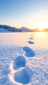 Footprints in Fresh Snow Leading Towards a Bright Winter Sunset.