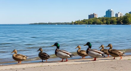 Ducks on the shoreline of Lake Ontario in Toronto.