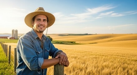 Fototapeta premium A man in a straw hat standing in a field of golden wheat, smiling and looking at the camera.