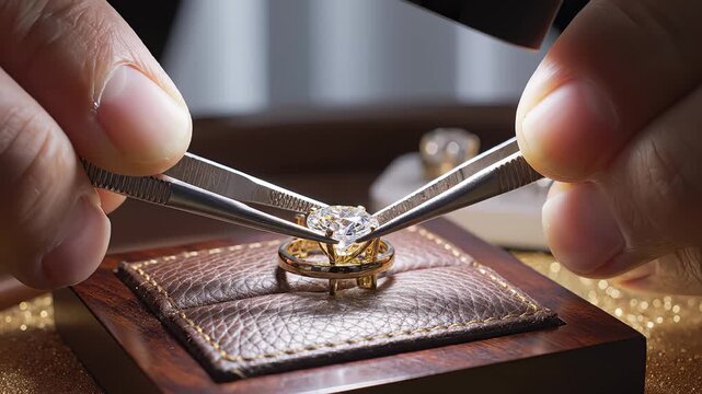 Jeweler Setting Diamond on a Gold Ring With Tweezers in Close-Up