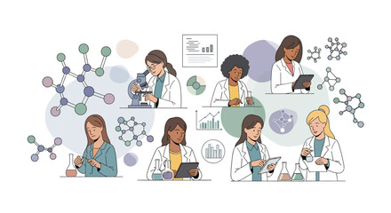 Diverse group of women in lab coats working with medical and science equipment on International Women in Science Day.