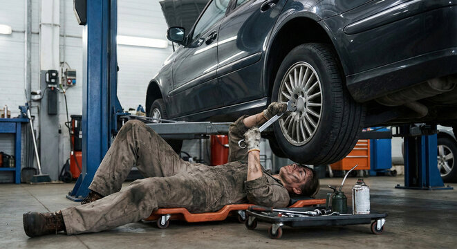Mujer mec&aacute;nica trabajando debajo de un coche en un taller reparando una rueda con una llave.