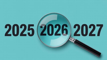 Magnifying glass focusing closely on the year 2026 suggesting detailed financial forecasting and examination of near future business plans and objectives