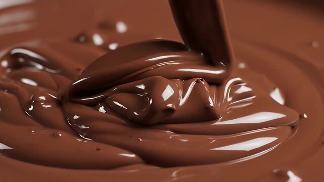 Rich melted milk chocolate pouring and swirling into a smooth glossy pool.