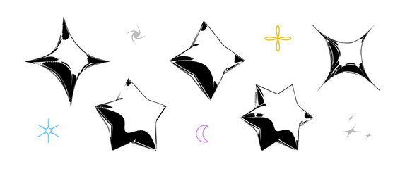 Black y2k stars abstract shapes in 3d inflated style. Grunge balloon icon set for poster, banner, collage, flyer, streetwear, party print. Techno star design element collection. Vector urban bundle