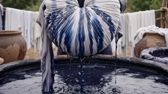 Person Dyeing Textile Fabric in Vat of Indigo Dye Solution
