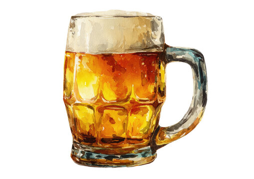 Watercolor depiction of a classic glass stein brimming with golden, frothy beer