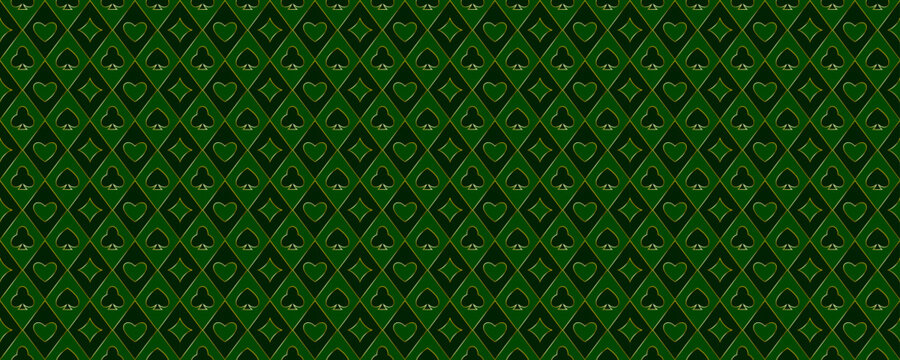 Green playing cards pattern background. Retro poker or casino table theme wallpaper. Vintage emerald spades, hearts, diamonds, clubs symbols backdrop. Vegas gambling concept texture. Vector
