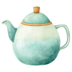 Watercolor illustration of a pastel blue and white ceramic teapot with wooden accents