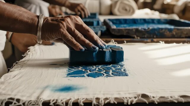Person Stamps Fabric With Blue Dye in a Traditional Style Workshop